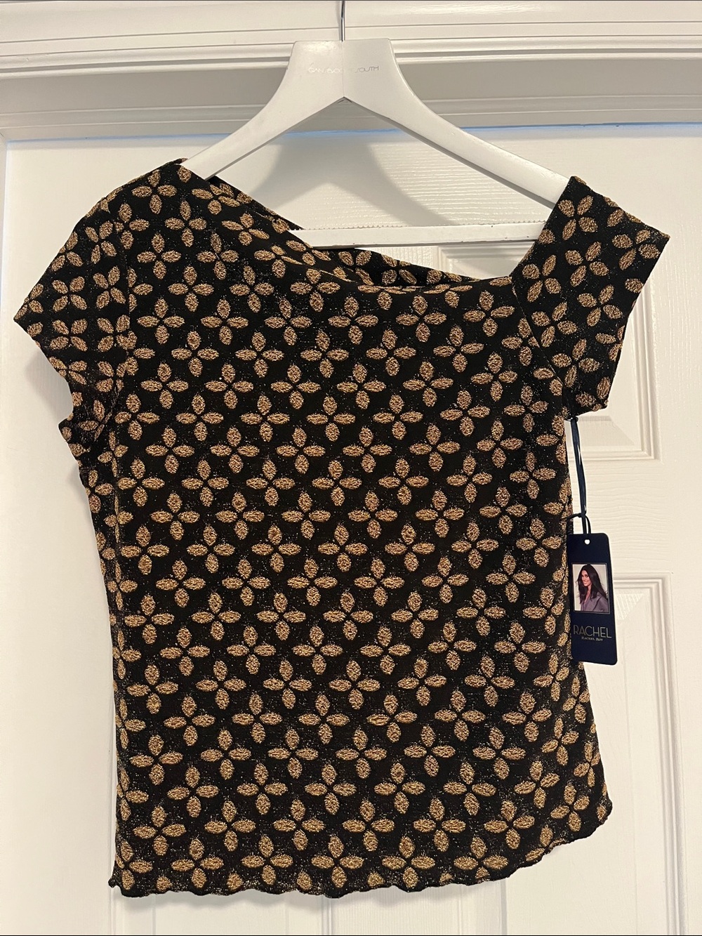 Rachel Roy Black Top with Gold Leaf Motif
